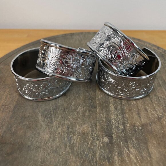 Vintage Floral Etched Napkin Rings Cuffs Set Of 4 Silver Tone - Picture 1 of 9